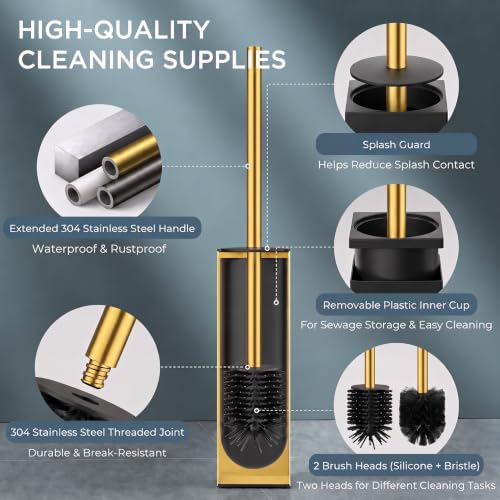 FORIOUS Toilet Bowl Brush and Holder Set, 304 Stainless Steel Handle Gold - color: Brushed Gold, size: Tall