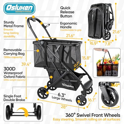Folding Shopping Cart with Wheels, 75lbs Multi Use Grocery Carts with 360° Wheels & Removable Tote Bag, Multifunctional Portable Personal Shopping Carts for Groceries (30 Gallon)