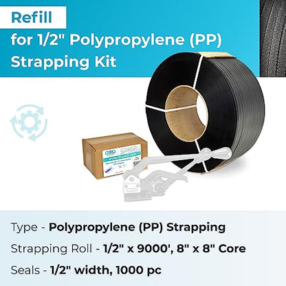 IDL Packaging Refill for 1/2" Polypropylene (PP) Strapping Kits for Packaging Strapping - 1/2" x 9000' Polypropylene Strapping Roll of 8" x 8" Core Size and 1000 of 1/2" Open Seals - size: 8" x 8" Core Coil + 1000 Seals, style: 300 lbs Break Strength
