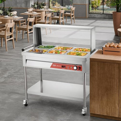 VEVOR 6-Pan Commercial Food Warmer, 6 x 1/2 Pans Electric Steam Table, 1500W Professional Buffet Catering Food Warmer with Shield Undershelf Wheels, Stainless Steel Server for Party Restaurant - size: 6*1/2 Pans