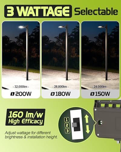LED Parking Lot Light 200W/180W/150W Selectable, Dimmable 32000LM 160LM/W 5000K, Dusk to Dawn Photocell, IP65/ETL/100-277V, Arm Mount & Slip Fitter in 1 for Driveway, Commercial Area & Security - size: 200W/180W/150W Selectable