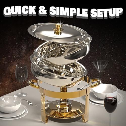 Chafing Dishes for Buffet, 4 Pack 7QT Round Gold, Pre-Assembled Stands - color: Gold