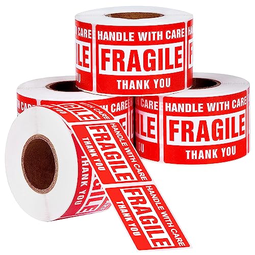 Fragile Stickers for Shipping Moving Boxes 2000 Fragile Labels 2 x 3 Inch Fragile Tape for Shipping Handle with Care Sticker-4 Rolls, Red - size: 3" x 2", style: 4 Rolls - 2000 PCS
