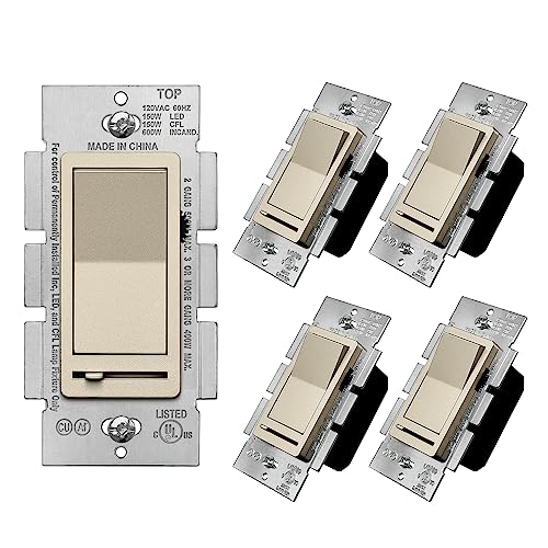 BESTTEN 5PK Matte Champagne Gold Dimmer Light Switch, Single Pole or 3-Way - color: Champagne Gold