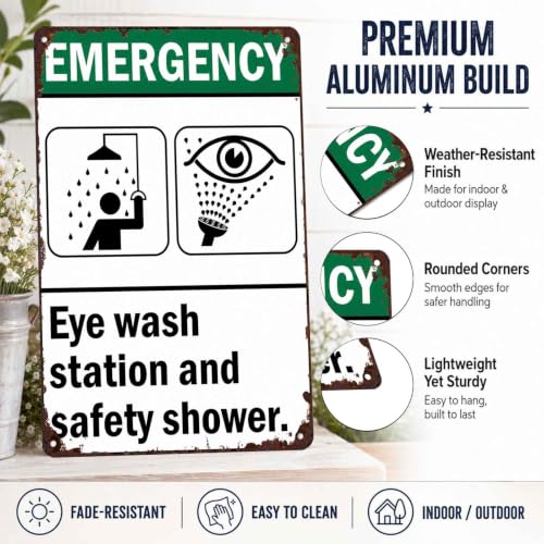 Emergency Eye Wash Station And Safety Shower Metal Sign 8 x 12 Inch