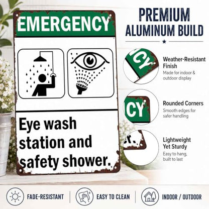 Emergency Eye Wash Station And Safety Shower Metal Sign 8 x 12 Inch
