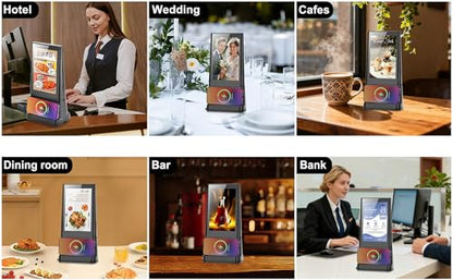 WeADS Digital Table Tent,Sign Holder by WFI Connected,Double Touch Screen Table Talker with 23200mAH Battery and Wireless Phone Charger for Restaurant Business Store Bar (Black) (FYD-06-23200mAH)
