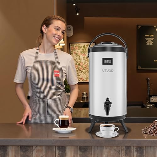 VEVOR Insulated Beverage Dispenser, 2.4 Gal/9.2L Stainless Steel Thermal Drink Server with Spigot & Temp Display, Suitable for Hot and Cold Drinks, for Tea Coffee Water in Cafes & Restaurants, Silver - size: 2.4 Gal (1 Pack)