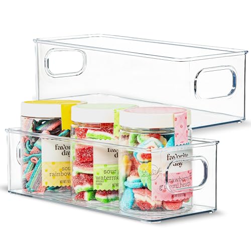 Plastic Food Storage Clear Container 2 Pack Bin with Handles for Organizing Kitchen, Pantry, Refrigerator, Freezer, Pantry, Cabinet, Closet, Bathroom. Stackable 10”x4”x3” - size: 10x4x3