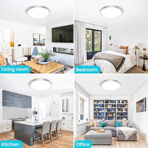 libtit 16Inch Flush Mount LED Ceiling Light Fixture, 3000K 4000K 6500K Adjustable, 36W 3600lm Brushed Nickel Satin Round Ceiling Lamp for Bathroom Shower Hallway Kitchen, 4 Pack - color: Brushed Nickel, size: 16in-4Pack