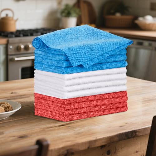 12 Pack Microfiber Cleaning Cloth, Shop Towels Bulk, Microfiber Towels for Cars, Lint Free, Scratch-Free Cleaning Cloths, Cleaning Rags for Housekeeping, 11.5 x 11.5 inch