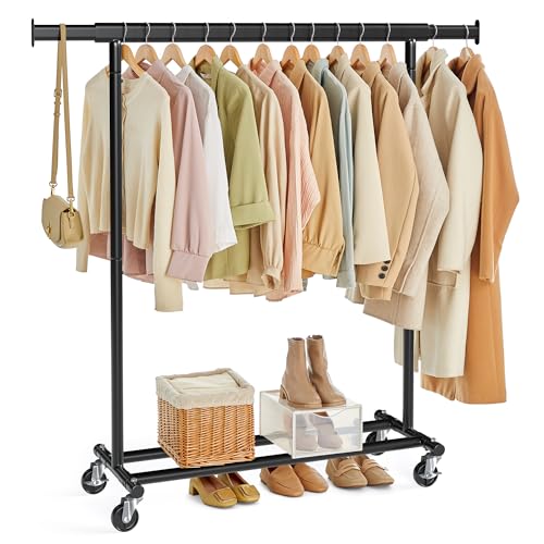 SONGMICS Clothes Rack with Wheels, Heavy-Duty, 220 lb Load Capacity - color: Black, size: 17.7"D x (36.2"-52")W x 63.6"H