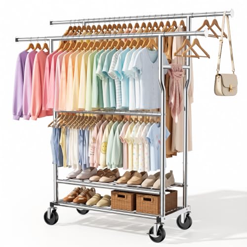 Heavy Duty Clothes Rack Load 960LBS, Adjustable Three Rods Rolling Garment Rack with Double-Layer Bottom Shelf, Portable Commercial Clothing Rack for Hanging Clothes with Wheels, Silver - color: Silver
