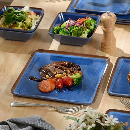 Melamine Dinnerware Set, 12-Piece Blue Square Plates and Bowls for 4