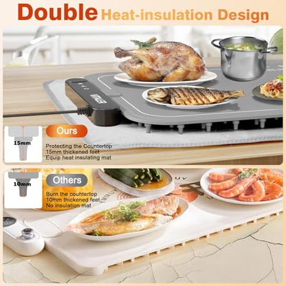 Warming Mat for Food, (XXL 35”x16”) Electric Warming Trays, Upgrade Graphene Fast Full-Surface Heating Mat for Food with 6 Level Temp, 6 Hours Timer, Food Warmer Pad with Heat-Insulating Mat - color: Gray