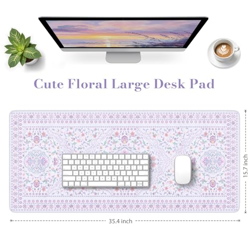 HAOCOO Purple Floral Desktop Mat, 35.4" x 15.7" Mouse Pad for Cubicle - color: Lavender, size: 35.4" x 15.7"