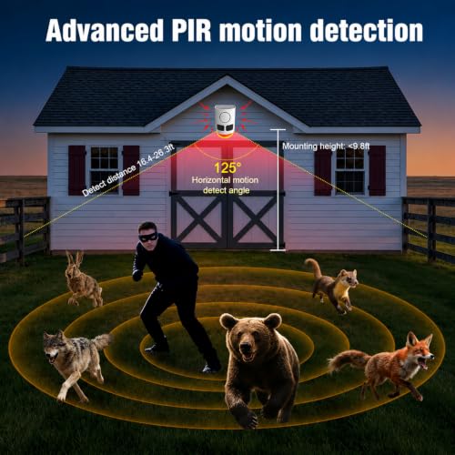 Solar Motion Sensor Alarm with Strobe Light, 130dB Outdoor Security Alarm System, 13 Alarm Sounds with Remote Control, Solar Powered, Waterproof PIR Motion Detector for Farm Yard Garden Orchard.1PCS