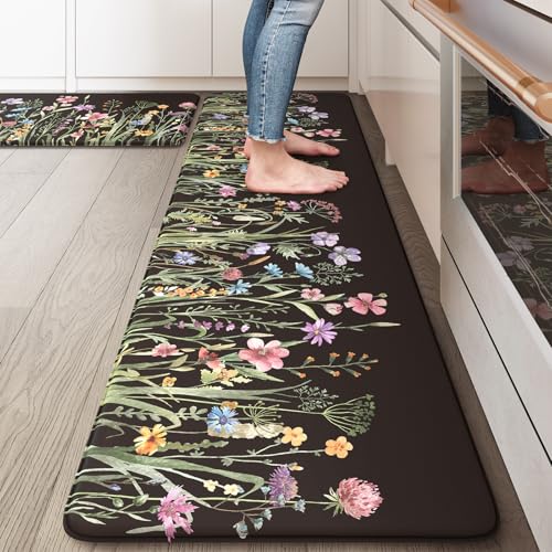 KIMODE Kitchen Mats Cushioned Anti Fatigue, Black Farmhouse Kitchen Rugs - color: Floral/Black, size: 59"L x 17.3"W x 0.47"Th + 29"L x 17.3"W x 0.47"Th