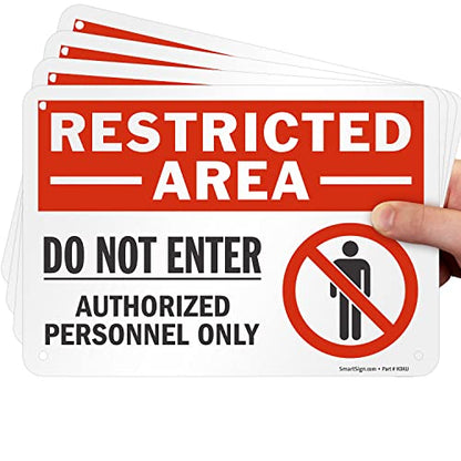 SmartSign (Pack of 4) 7 x 10 inch “Restricted Area - Do Not Enter, Authorized Personnel Only” Metal Sign with Symbol, 40 mil Laminated Rustproof Aluminum, Red, White and Black, Made in USA - style: 7" x 10" - Aluminum (Pack of 4)