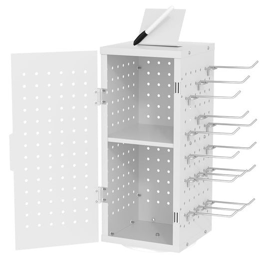 Alyoen Rotating Pegboard Display Stand With 24 Hooks - Metal Spinning Peg Board Organizer Accessories with Magnetic Door Design, Magnet Display Stand for Keychain, Jewelry, Earring (White) - color: White