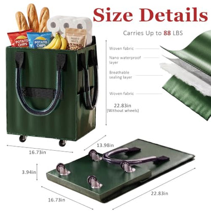 Reusable Grocery Bag on Wheel, Foldable Shopping Cart with Wheels, Can Carry up to 67 Pounds, Suitable for Groceries, Laundry, Camping and Moving. (Green -Medium) - color: Green -Medium