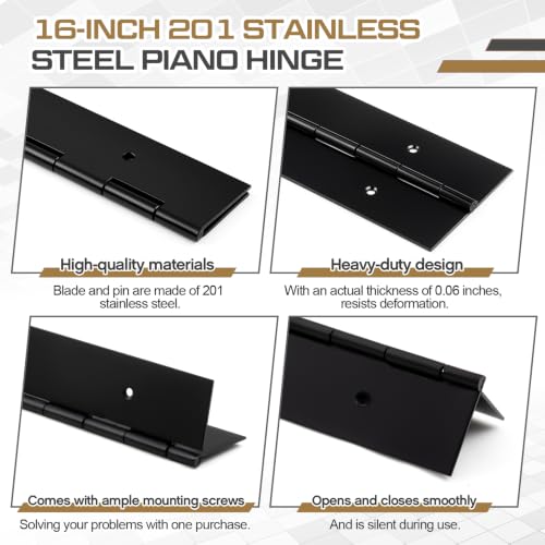 Zonon 4 Pack Heavy Duty Piano Hinge 16'' x 3' Width 0.060'' Thick, Black - color: Black, size: 16''