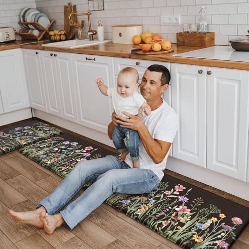 KIMODE Kitchen Mats Cushioned Anti Fatigue, Black Farmhouse Kitchen Rugs - color: Floral/Black, size: 59"L x 17.3"W x 0.47"Th + 29"L x 17.3"W x 0.47"Th