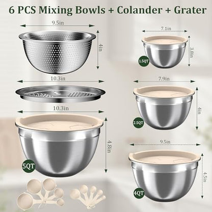 Mixing Bowls with Lids Set, 16PCS Stainless Steel Mixing Bowls,Nesting Storage Bowls for Kitchen with Mixing Bowls Set, Colander, Strainer & Grater , Metal Salad Bowl for Kitchen Gadgets , Cream - color: Cream