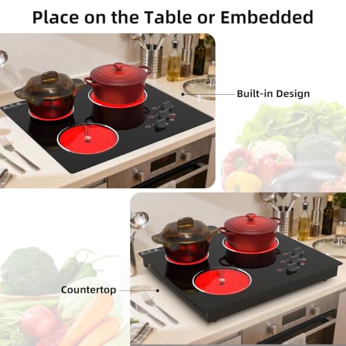 VBGK Electric Cooktop,24 inch 220V Electric StoveTop,Touch and Knob Control,LED,9 Power Levels, KidsLock & Timer Overheat Protection,500w3 burmercooktop. - size: 3 Burners Electric Cooktop