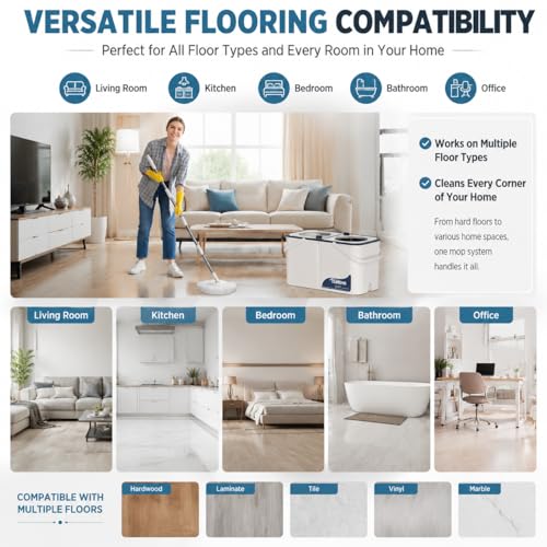 RinseWise Large Gen 1 Mop Bucket Set, Clean/Dirty Water Separation, White - size: Large Gen 1- White/Blue+6 Mop Heads