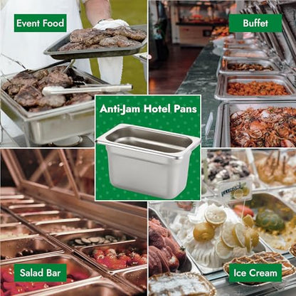 HECMAC 6 Pack Anti-Jam Hotel Pans, 1/9 Size 4 Inch Deep, Commercial Stainless Steel Chafing Steam Table Pan, Catering Storage Metal Food Pan, 23 Gauge - size: 1/9 Size, 4" Deep