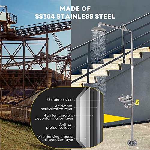 CGOLDENWALL Emergency Shower Eyewash Station Combination Eye Wash Station with Shower Safety Shower Eye&Face Washing Unit, 304 Stainless Steel, with Eyewash Sign, NPT thread