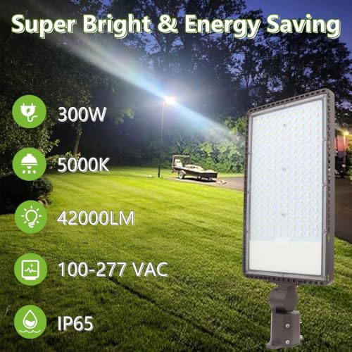 2PACK 300W LED Parking Lot Light with Dusk to Dawn Photocell, Slipfitter Mount and Wall Mount Commercial Outdoor Lighting, 100-277V 42000LM 5000K, ETL Commercial LED Security Flood Lights