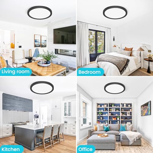 libtit 12 inch Flush Mount LED Ceiling Light Fixture, 3000K 4000K 6500K Adjustable, 28W 3200lm Black Round Lighting Fixtures for Bathroom Shower Hallway Kitchen, 4 Pack - color: Black, size: 12in-4Pack