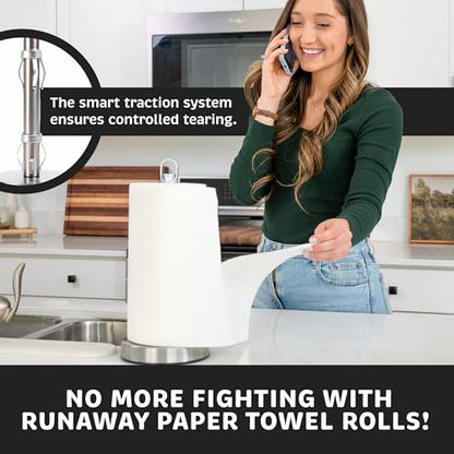 Stainless Steel Paper Towel Holder with Spray Pump – One-Handed Tear, SMART Traction System, 5 oz Sprayer Bottle, Heavy Duty Suction Cups, Weighted Base, Kitchen Towel Dispenser for Countertop Use - color: Silver