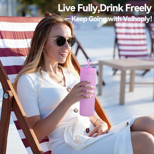 Volhoply 20oz Tumbler with Lid and Straw 8 Pack,Double Wall Plastic Skinny Tumblers Bulk,Reusable Travel Cute Coffee Mug,BPA Free Matte Acrylic Water Cups with Straw for Party,DIY Gift(Purple,8 Set) - color: Purple