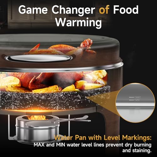 Chafing Dishes for Buffet, 6QT Round Stainless Steel Chafing Dish with Transparent Hydraulic Lid, 304 Food Pan, Buffet Warmer for Parties and Events (Wood Color) - color: Wood Color