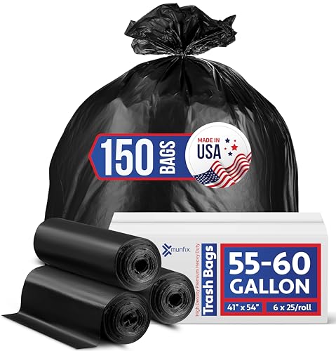 55-60 Gallon Trash Bags Heavy Duty, Bulk 150 Pack Large Black, Made in USA