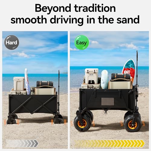 DXZ Beach Wagon Cart with Big Wheels for Sand – Folding Collapsible Wagon, Heavy Duty Wagons Carts Foldable for Beach, Camping, Outdoor Gear, Easy Setup Black Yellow - color: Black Yellow