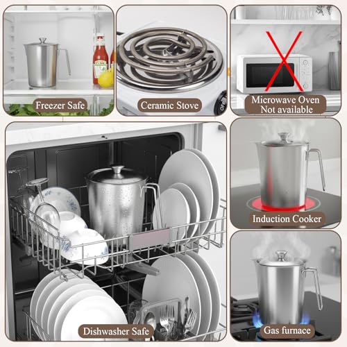 304 Stainless Steel Pitcher with Lid, 70 oz / 2L Measuring Cup