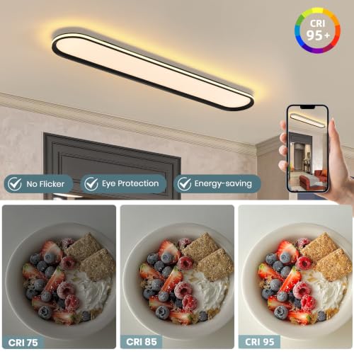 ADISUN Modern LED Ceiling Light Dimmable Linear Ceiling Light 47in Semi Flush Mount Long Lights with Remote Control and Side Lighting for Living Room Kitchen Dining Room (65W) - color: Black-1Pack, size: 47 Inch