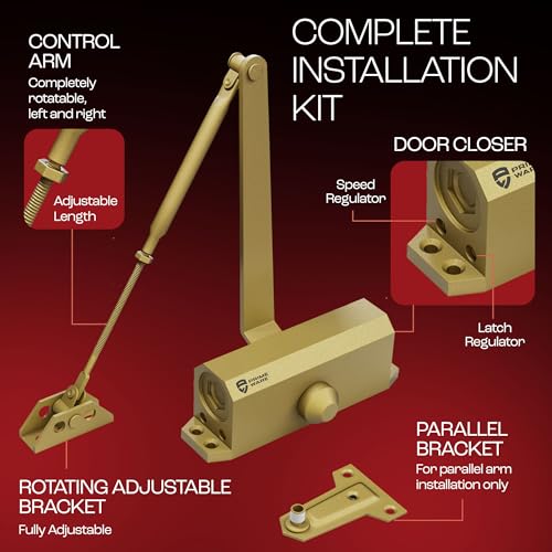 PrimeWare DC-300 Adjustable Automatic Door Closers for Home | Soft Close, No Slam | Residential and Commercial Door Closer | Level 3 | for Doors Weighing 90-140 lbs | Hydraulic Door Spring - Gold - size: Level 3, style: Gold