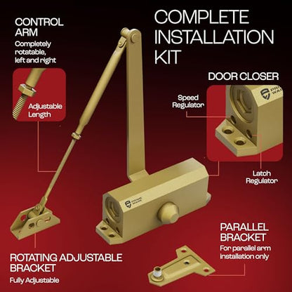 PrimeWare DC-300 Adjustable Automatic Door Closers for Home | Soft Close, No Slam | Residential and Commercial Door Closer | Level 3 | for Doors Weighing 90-140 lbs | Hydraulic Door Spring - Gold - size: Level 3, style: Gold