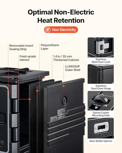 VEVOR Insulated Food Pan Carrier, 82 Qt Non-Electrical Food Warmer, with Wheel & 304 Stainless Steel Latch, LLDPE Stackable Hot Box, for Various Pan Sizes(NOT Included), Fit Catering BBQ Event(Black) - size: 82QT