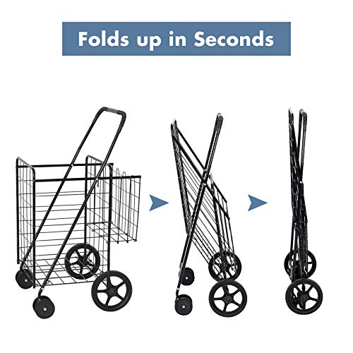 S AFSTAR Folding Shopping Cart, Metal Grocery Cart w/Extra Basket & 360° Swivel Wheels & Non-Slip Handle, Heavy Duty Utility Cart for Grocery Laundry Book Luggage (Black) - color: Black