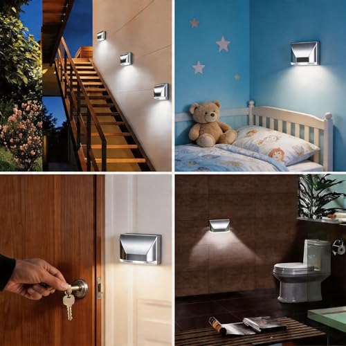 Key Light Door Light, Small Motion Sensor Light with 4 LED Bulbs, Battery Powered Night Lights for Hallway, Stairway, Kitchen, Closet, Bedroom (Silver) - color: Silver