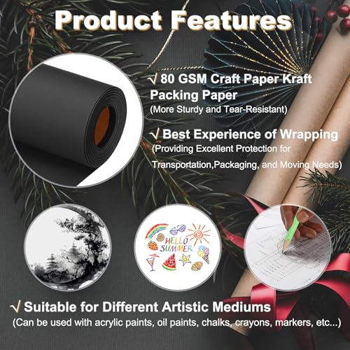 PATIKIL Wrapping Paper, 15"x800"(66') Bulletin Board Paper Roll Kraft Paper Roll Construction 80GSM for Shipping Packing Gift Wrapping Craft Flower Bouquet Christmas, Black - color: Black, size: 15x800 Inch