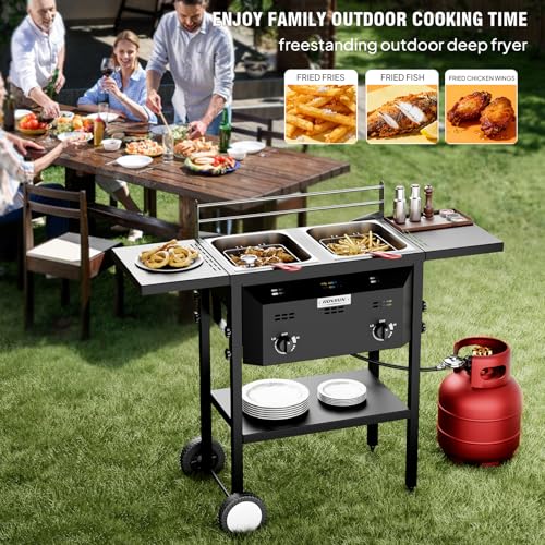 ROVSUN Outdoor Deep Fryer with 8QT & 8QT Stainless Steel Tank & Basket, Portable Propane Gas Fryer with Rolling Cart, Storage Shelves, Lids & Thermometer for Outdoor Backyard Cooking Frying
