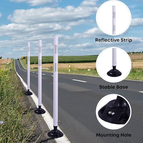8 Pack Traffic Delineator Posts – High Visibility Reflective Safety Cones with Spring Base for Roadway, Parking, Garage, Construction Zones (White, 48 Inch)