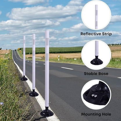 8 Pack Traffic Delineator Posts – High Visibility Reflective Safety Cones with Spring Base for Roadway, Parking, Garage, Construction Zones (White, 48 Inch)